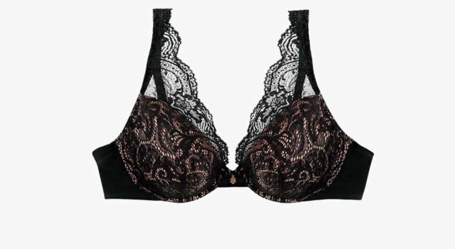 Thumb2-min Elegant black bra with lace detailing and paisley pattern for comfort and style.