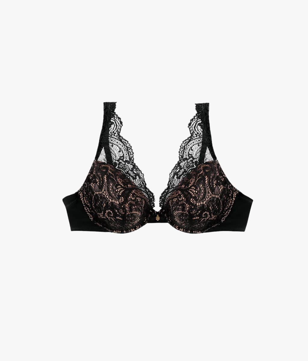 Elegant sort bh med blondedetaljer og paisleymønster for komfort og stil.