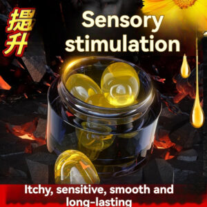 Glossy yellow capsules in a sleek jar, promoting sensory stimulation and intimate enhancement.