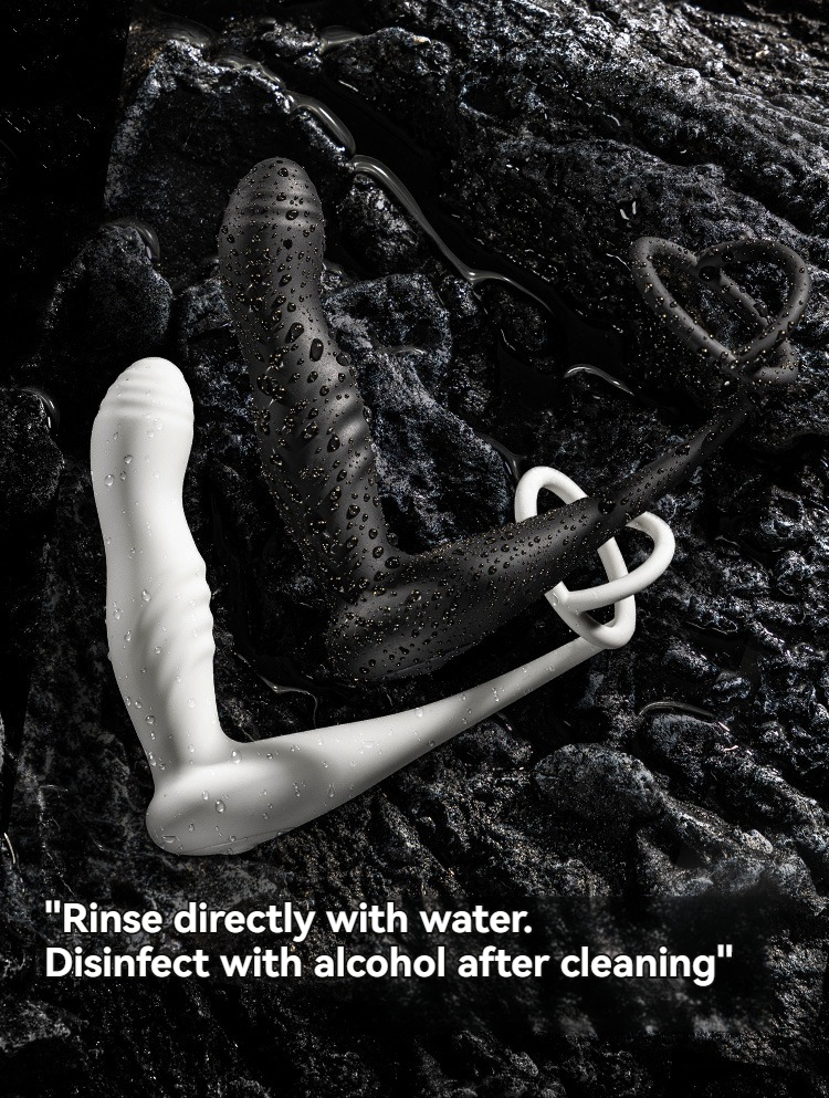 Elegant adult toys on a textured black surface, emphasizing hygiene with cleaning instructions.