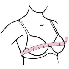 Minimalist illustration of a woman’s torso with a pink measuring tape for bra sizing guidance.