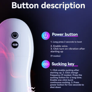 Sleek device buttons for power and suction features on a modern sextoy guide image.