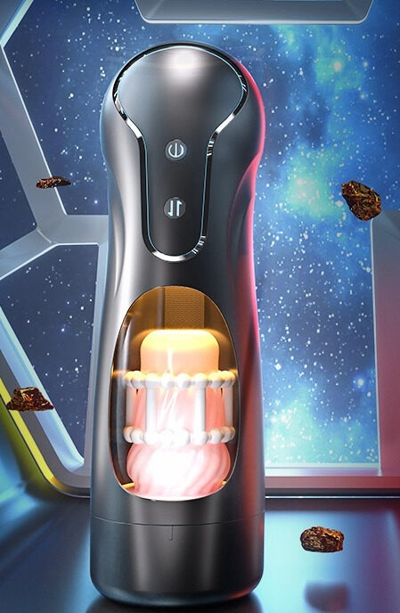 Futuristic black adult device glowing against a cosmic backdrop for enhanced pleasure and exploration.