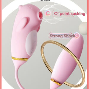 Playful pink silicone dual-function massager with C-point sucking and Strong-Shock features.