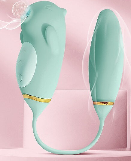 Stilfuld mintgrøn dual-purpose vibrator med glidecreme og diskret opbevaring, perfekt til personlig nydelse.