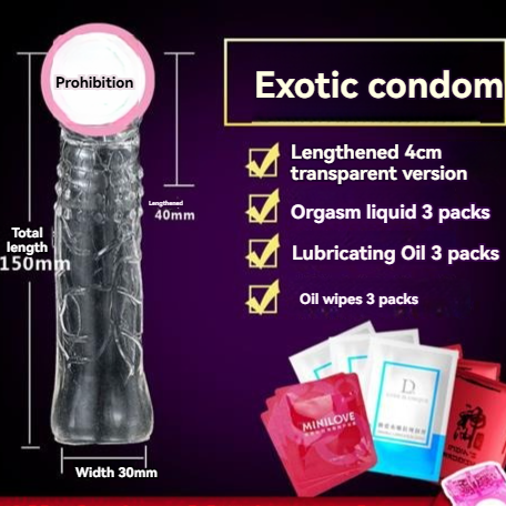 Exotic condom advertisement featuring extended length, transparent design, and pleasure-enhancing accessories.