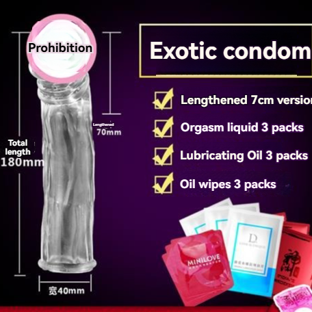 Exotische Kondomwerbung mit verbessertem Vergnügen, Messangaben und ergänzenden Intimitätsprodukten.