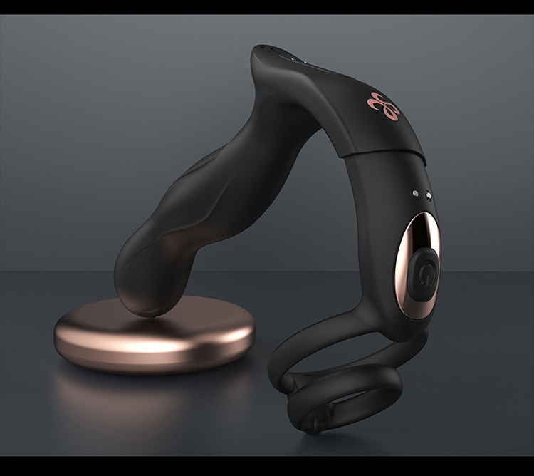 Sleek ergonomic intimate device in black and rose gold for enhanced pleasure and comfort.