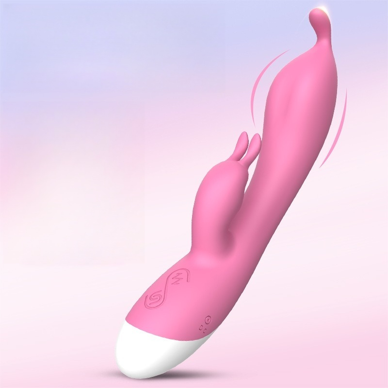 Vibrador rosa vibrante com orelhas de coelho para maior prazer e design ergonómico.