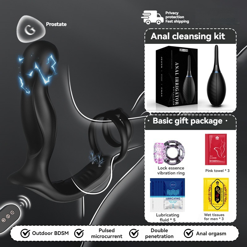 Prostate stimulator kit with cleansing accessories and lubricants for enhanced intimate pleasure.