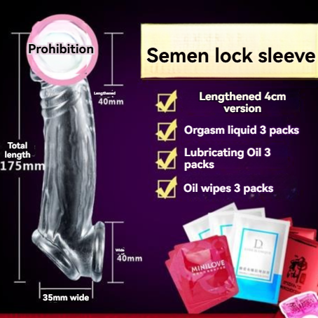 Semen lock sleeve details, dimensions, and accessory options for enhanced adult play.