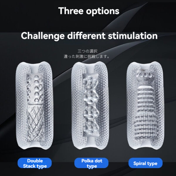 Explore three unique stimulation options: Double Stack, Polka Dot, and Spiral designs.