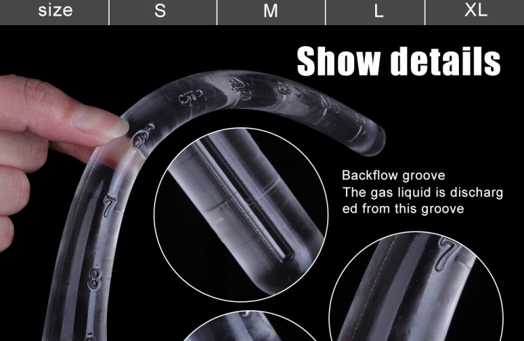 Flexible transparent tubing with measurement scale and backflow groove for versatile fluid transfer applications.