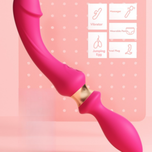 Elegante vibrador rosa sobre fondo suave, que muestra un diseño moderno y juguetones iconos de juguetes para adultos.