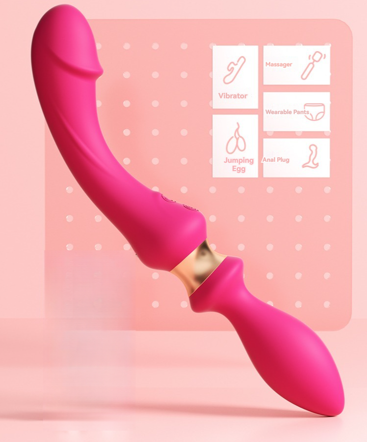 Sleek pink vibrator on soft background, showcasing modern design and playful adult toy icons.