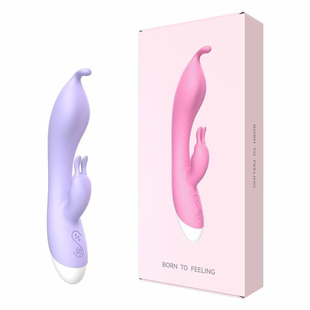 Moderne lavendelfarbene und rosafarbene Vibratoren in eleganter Verpackung für mehr Vergnügen und die Erkundung der Intimität.