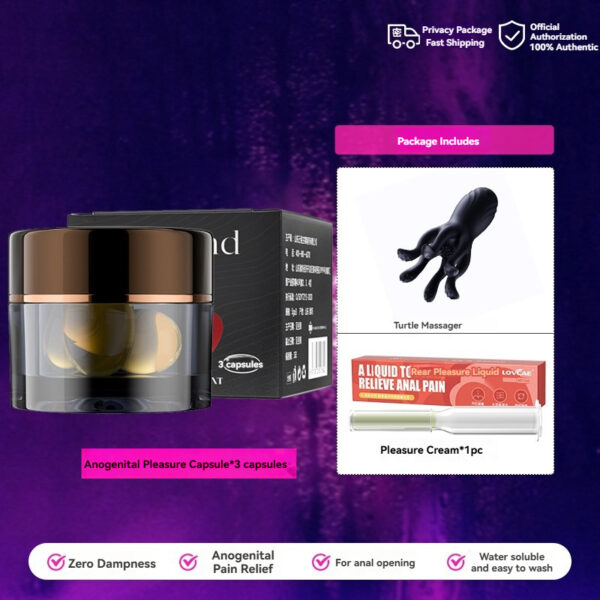 Anogenital pleasure capsules, turtle massager, and soothing cream for enhanced intimate experiences.