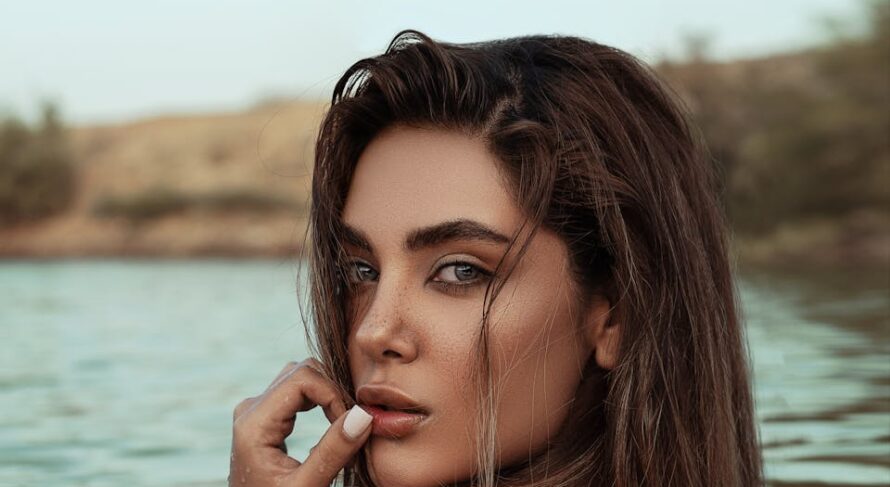 A captivating portrait of a woman in a Turkish lake, showcasing beauty and tranquility.