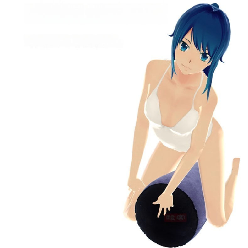 Personaggio anime con capelli blu in bikini che interagisce giocosamente con un cuscino viola.