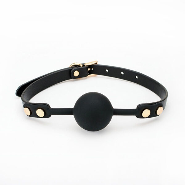 Elegant black leather ball gag for BDSM, featuring adjustable straps and a smooth comfort ball.