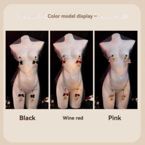 Elegant garment display featuring black, wine red, and pink colors on mannequins.