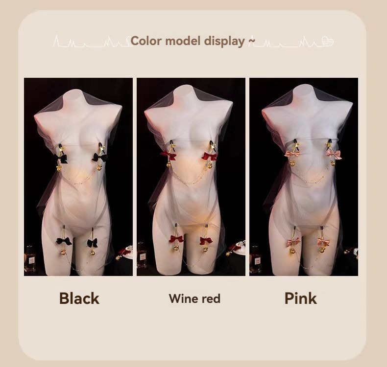 Elegant garment display featuring black, wine red, and pink colors on mannequins.