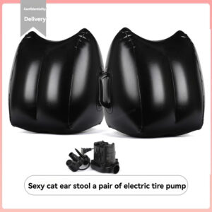 Inflatable cat ear stool and electric pump for fun, playful seating in any space.