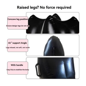 Inflatable leg support device for ergonomic comfort and relaxation with handle for easy adjustment.