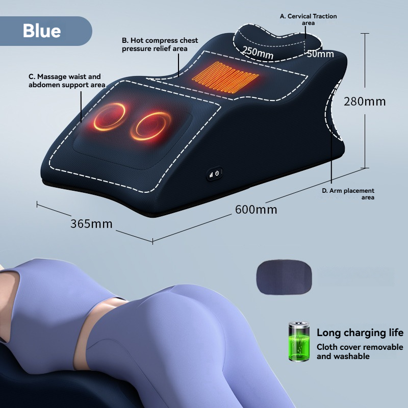 Massajador ergonómico azul elegante para relaxamento, com terapia de calor e apoio corporal direcionado.