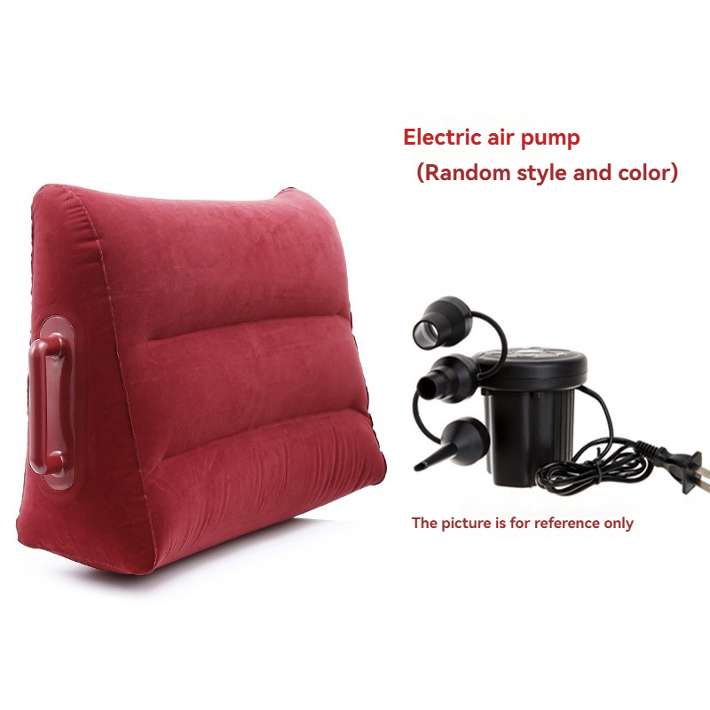 Almohada hinchable de color rojo vibrante con bomba eléctrica para mayor comodidad durante los viajes y relajación.