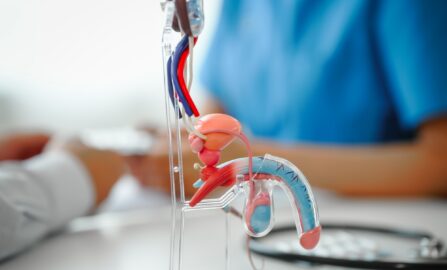 Анатомическая модель мужской мочевыделительной системы в условиях клиники Рак предстательной железы, сексуальная дисфункция, В кабинете клиники, прием врача-женщины за столом