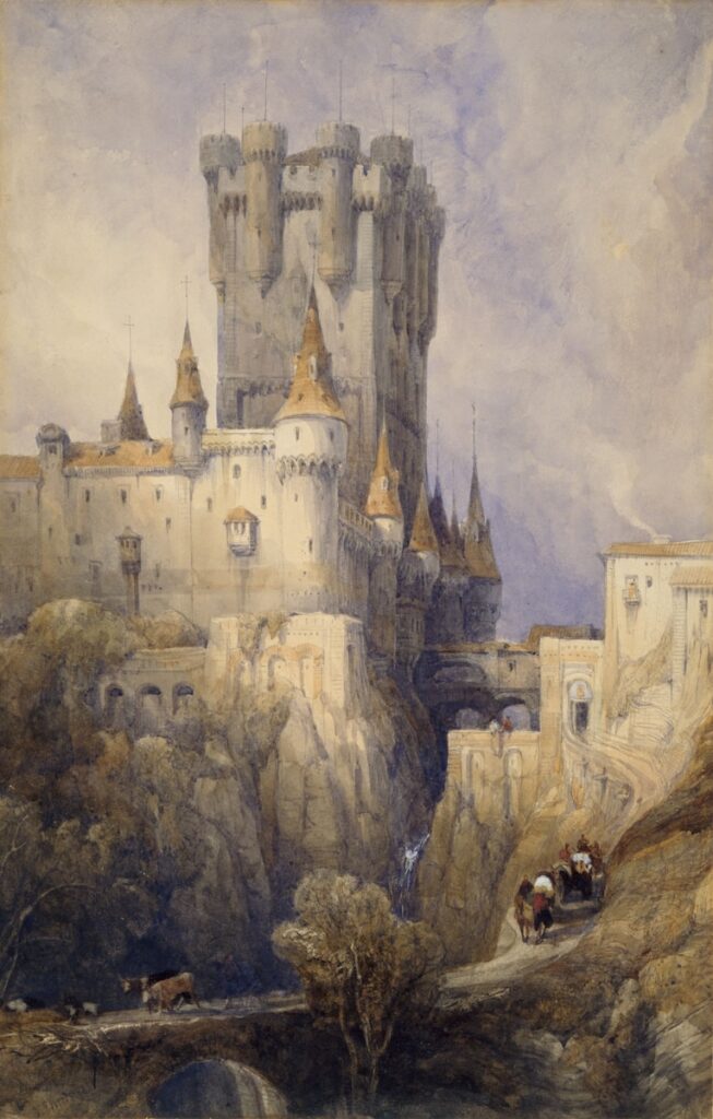 a painting of a castle on a hill