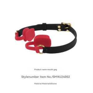 Vibrant red silicone mouth gag with adjustable black strap and elegant gold accents for comfort.