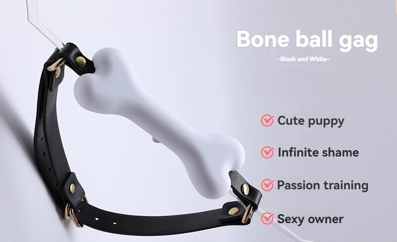 Finurlig Bone Ball Gag med elegante sorte stropper Legesyg hvid kuglespray med sorte stropper til sjovt tilbehør til voksenleg.