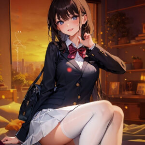 Young woman in anime style, cozy sunset setting, playful school uniform, inviting expression.