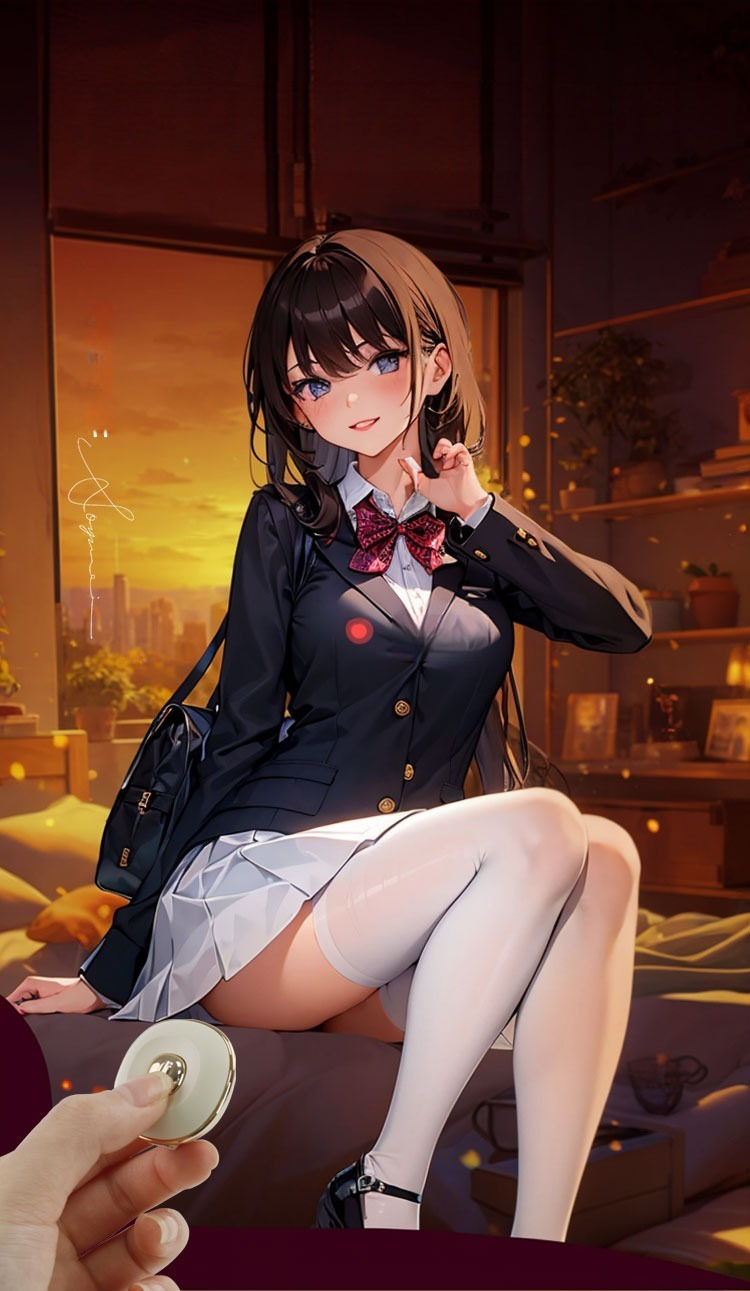 Young woman in anime style, cozy sunset setting, playful school uniform, inviting expression.