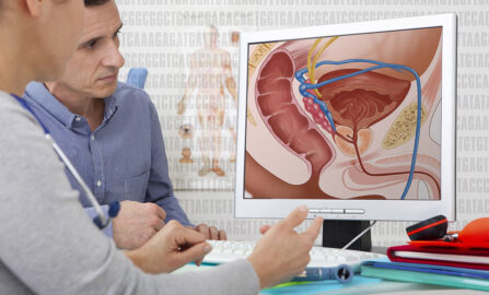 En sundhedsperson uddanner en patient i det mandlige reproduktive system og prostatasundhed ved hjælp af et detaljeret anatomisk diagram.