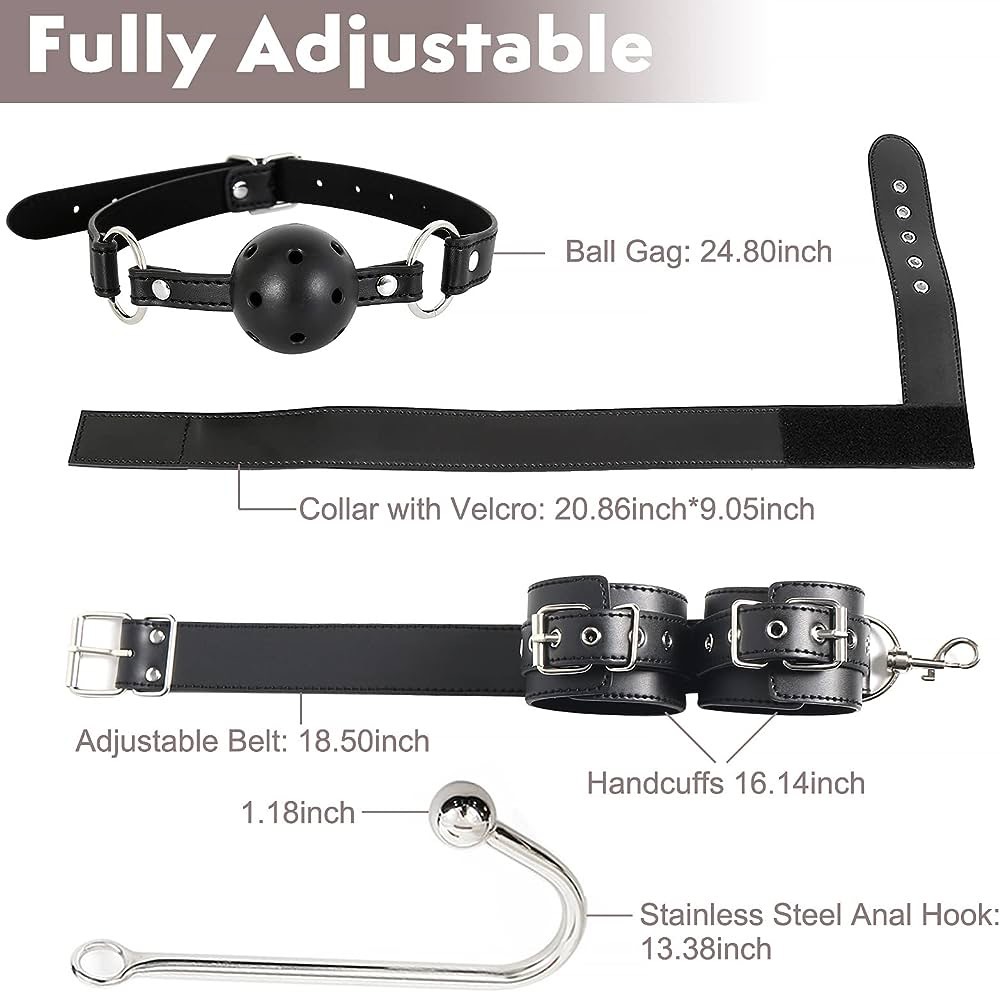 BDSM accessories collection: ball gag, collar, handcuffs, and anal hook for restraint play.