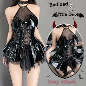 Black halter dress with wings, flirty ruffles, and seductive devil theme for costume parties.