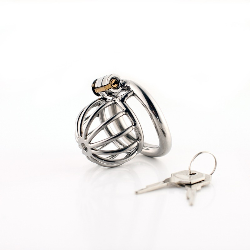 Sleek stainless steel chastity cage ring with key, perfect for stylish adult play.