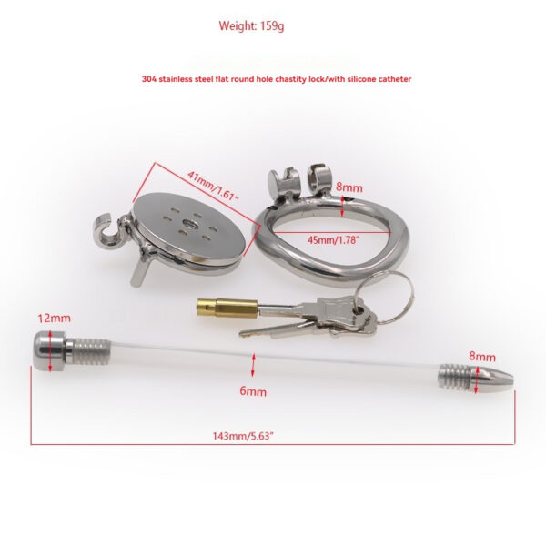 Chastity device components featuring stainless steel lock, silicone catheter, and secure keys for intimate control.