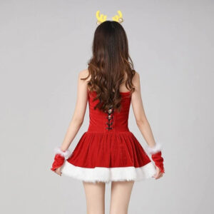 Festive red holiday dress with accessories for playful party spirit and joyful celebrations.