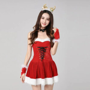 Festive holiday outfit featuring a young woman in a playful red dress with accessories.