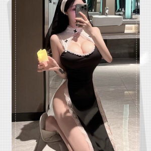 Playful nun-inspired outfit with candle and smartphone in modern bathroom setting.