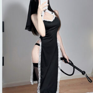 Provocative nun-inspired costume featuring lace details, thigh-high stockings, and playful accessories.