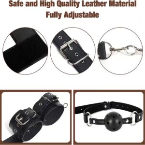 High-quality leather restraint set with adjustable cuffs and a stylish ball gag for comfortable play.