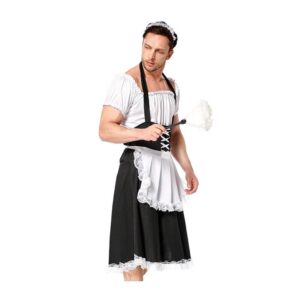 Playful maid costume on man, featuring lace-trimmed skirt and duster for humorous adult fun.