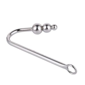 Sleek metal hook tool with graduated spheres for enhanced pleasure and ergonomic grip.