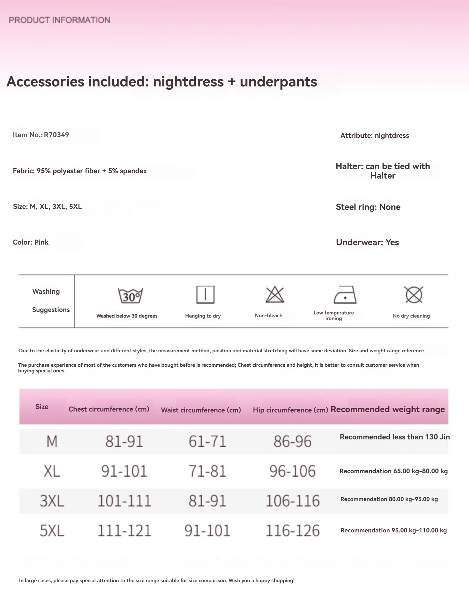 Weiches Nachthemd und Unterhose in Pastellrosa mit verstellbaren Trägern und Größenoptionen.