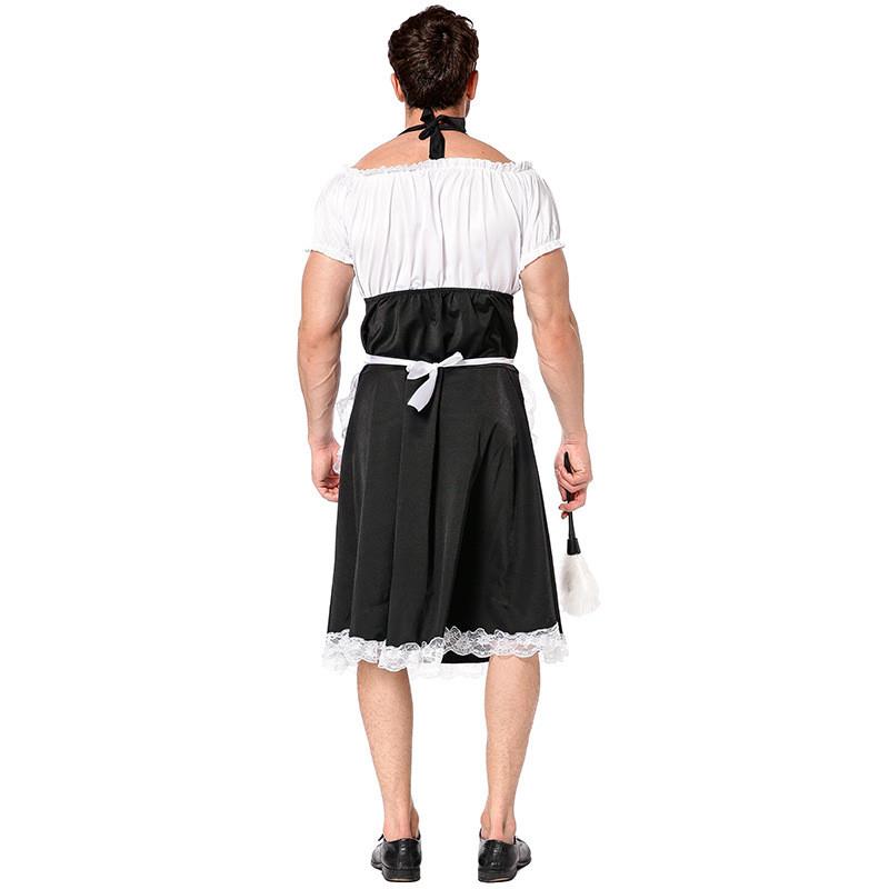 Playful maid costume for men with feather duster, perfect for costume parties and fun events.